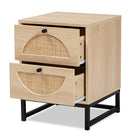 Baxton Studio Ardon Bohemian Light Brown Finished Wood and Black Metal 2-Drawer End Table with Natural Rattan