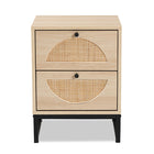 Baxton Studio Ardon Bohemian Light Brown Finished Wood and Black Metal 2-Drawer End Table with Natural Rattan