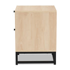Baxton Studio Ardon Bohemian Light Brown Finished Wood and Black Metal 2-Drawer End Table with Natural Rattan