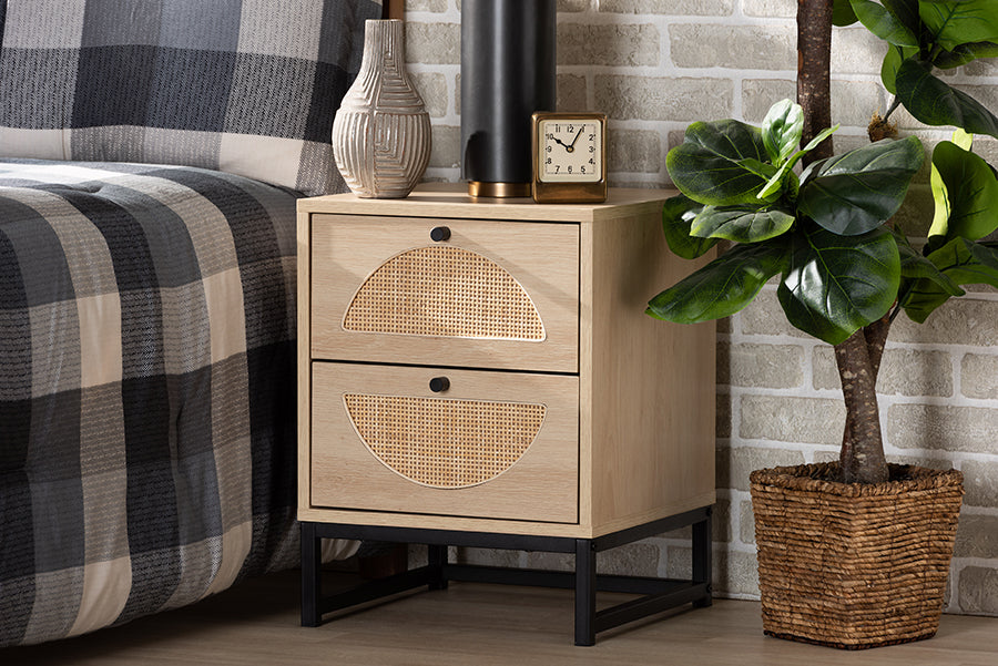 Baxton Studio Ardon Bohemian Light Brown Finished Wood and Black Metal 2-Drawer End Table with Natural Rattan