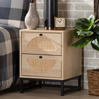 Baxton Studio Ardon Bohemian Light Brown Finished Wood and Black Metal 2-Drawer End Table with Natural Rattan