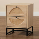 Baxton Studio Ardon Bohemian Light Brown Finished Wood and Black Metal 2-Drawer End Table with Natural Rattan