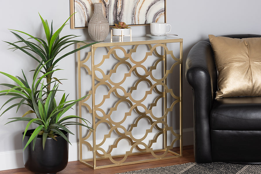 Baxton Studio Calanthe Modern and Contemporary Gold Finished Metal Console Table with Marble Tabletop