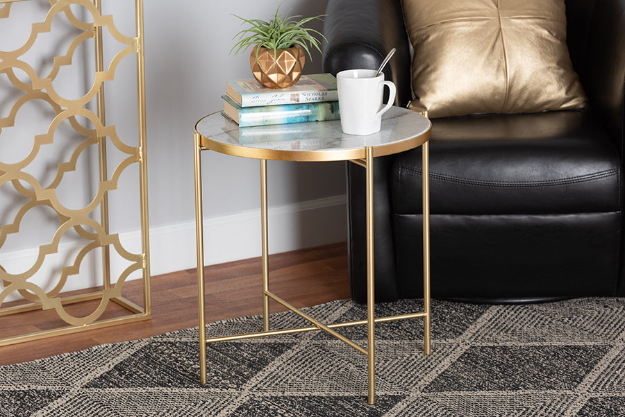 Baxton Studio Maddock Modern and Contemporary Gold Finished Metal End Table with Marble Tabletop