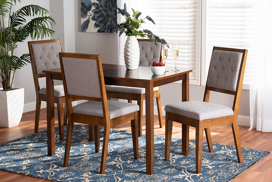 Baxton Studio Suvi Modern and Contemporary Grey Fabric Upholstered and Walnut Brown Finished Wood 5-Piece Dining Set