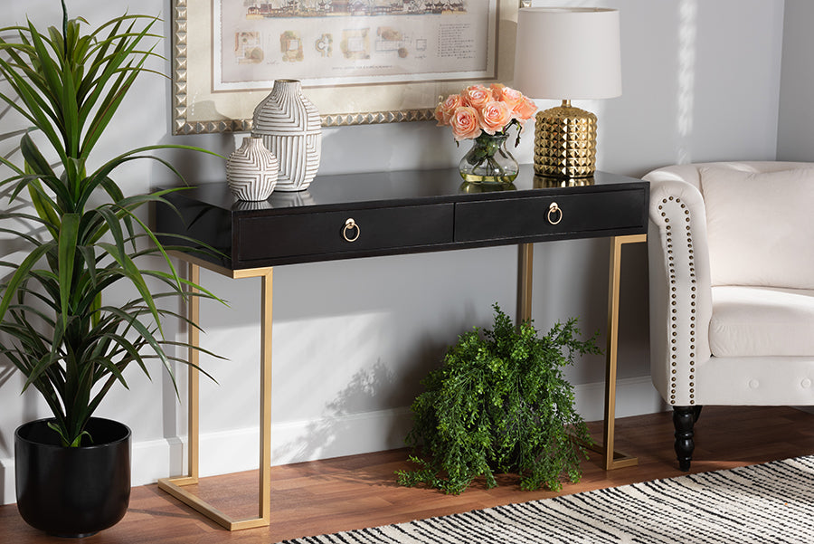 Baxton Studio Beagan Modern and Contemporary Black Finished Wood and Gold Metal 2-Drawer Console Table