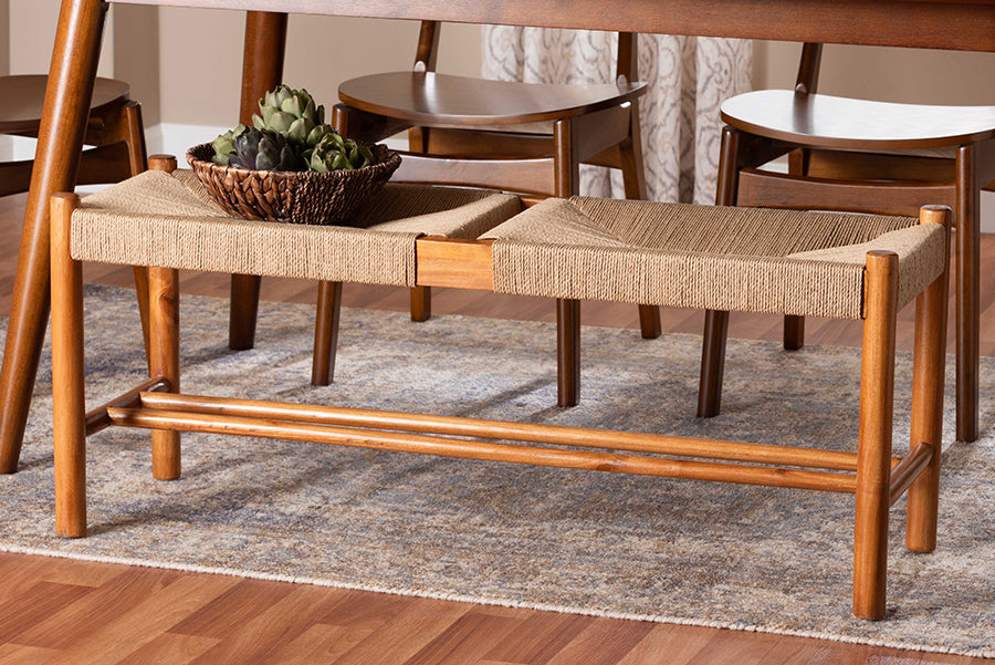 Baxton Studio Saura Mid-Century Modern Oak Brown Finished Wood and Hemp Dining Bench