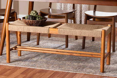 Baxton Studio Saura Mid-Century Modern Oak Brown Finished Wood and Hemp Dining Bench