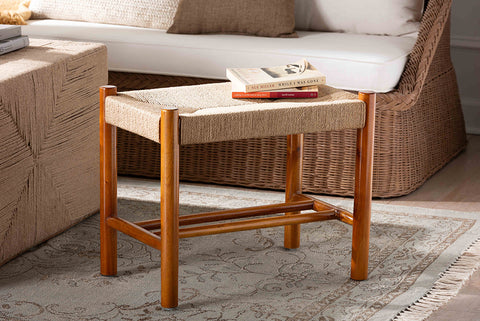 Baxton Studio Saura Mid-Century Modern Oak Brown Finished Wood and Hemp Accent Bench