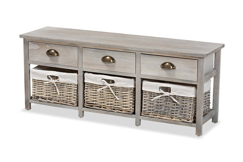 Baxton Studio Mabyn Modern and Contemporary Light Grey Finished Wood 3-Drawer Storage Bench with Baskets
