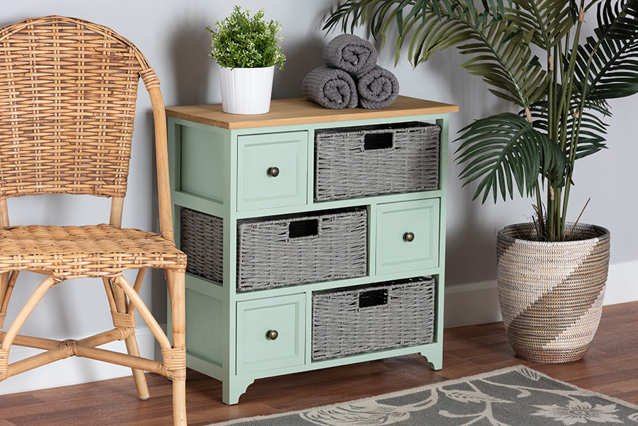 Baxton Studio Valtina Modern and Contemporary Two-Tone Oak Brown and Mint Green Finished Wood 3-Drawer Storage Unit with Baskets