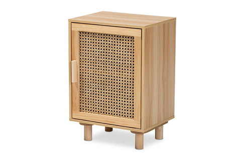 Baxton Studio Maclean Mid-Century Modern Rattan and Natural Brown Finished Wood 1-Door End Table