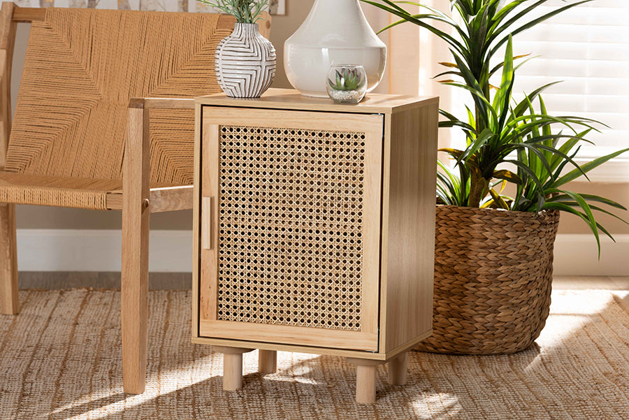 Baxton Studio Maclean Mid-Century Modern Rattan and Natural Brown Finished Wood 1-Door End Table