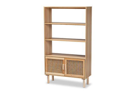 Baxton Studio Faulkner Mid-Century Modern Natural Brown Finished Wood and Rattan 2-Door Bookcase
