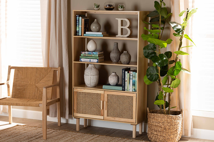 Baxton Studio Faulkner Mid-Century Modern Natural Brown Finished Wood and Rattan 2-Door Bookcase