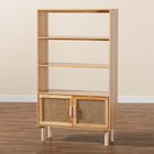 Baxton Studio Faulkner Mid-Century Modern Natural Brown Finished Wood and Rattan 2-Door Bookcase