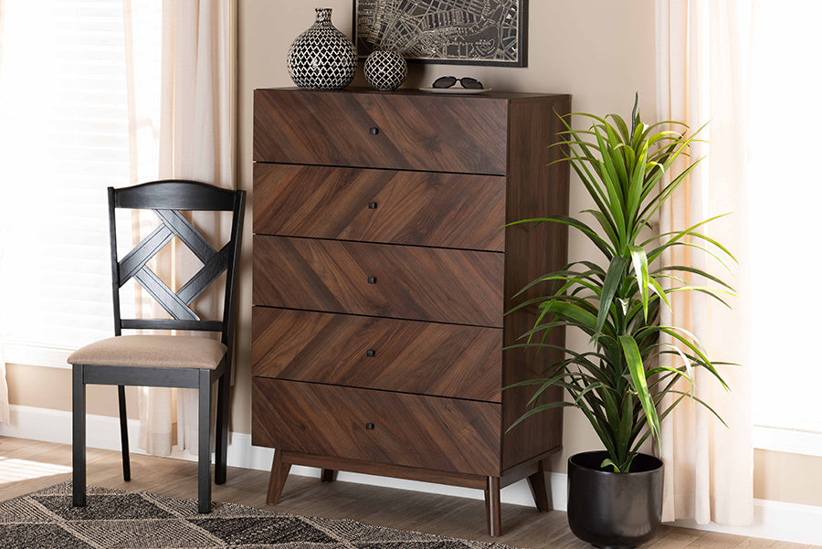 Baxton Studio Hartman Mid-Century Modern Walnut Brown Finished Wood 5-Drawer Storage Chest