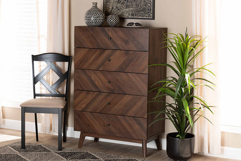 Baxton Studio Hartman Mid-Century Modern Walnut Brown Finished Wood 5-Drawer Storage Chest
