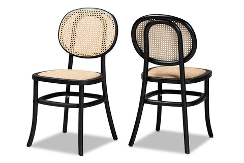 Baxton Studio Garold Mid-Century Modern Brown Woven Rattan and Black Wood 2-Piece Cane Dining Chair Set