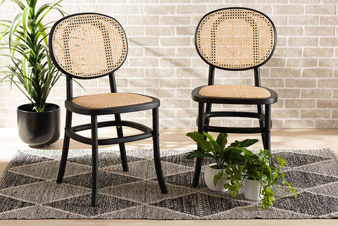 Baxton Studio Garold Mid-Century Modern Brown Woven Rattan and Black Wood 2-Piece Cane Dining Chair Set