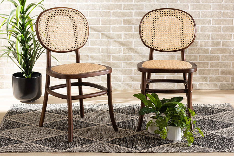 Baxton Studio Garold Mid-Century Modern Brown Woven Rattan and Walnut Brown Wood 2-Piece Cane Dining Chair Set