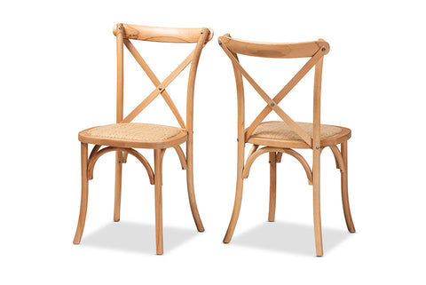 Baxton Studio Tartan Mid-Century Modern Brown Woven Rattan and Wood 2-Piece Dining Chair Set