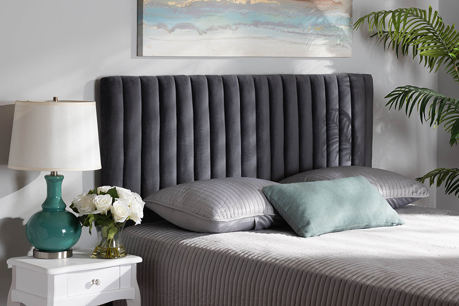 Baxton Studio Emile Modern and Contemporary Grey Velvet Fabric Upholstered and Dark Brown Finished Wood Queen Size Headboard
