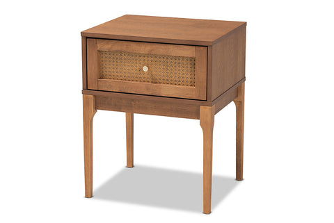 Baxton Studio Ramiel Mid-Century Modern Ash Walnut Finished Wood and Rattan 1-Drawer Nightstand