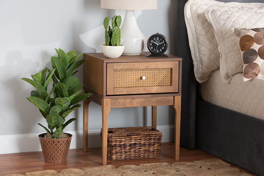 Baxton Studio Ramiel Mid-Century Modern Ash Walnut Finished Wood and Rattan 1-Drawer Nightstand