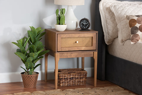 Baxton Studio Ramiel Mid-Century Modern Ash Walnut Finished Wood and Rattan 1-Drawer Nightstand