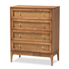 Baxton Studio Ramiel Mid-Century Modern Ash Walnut Finished Wood and Rattan 4-Drawer Chest