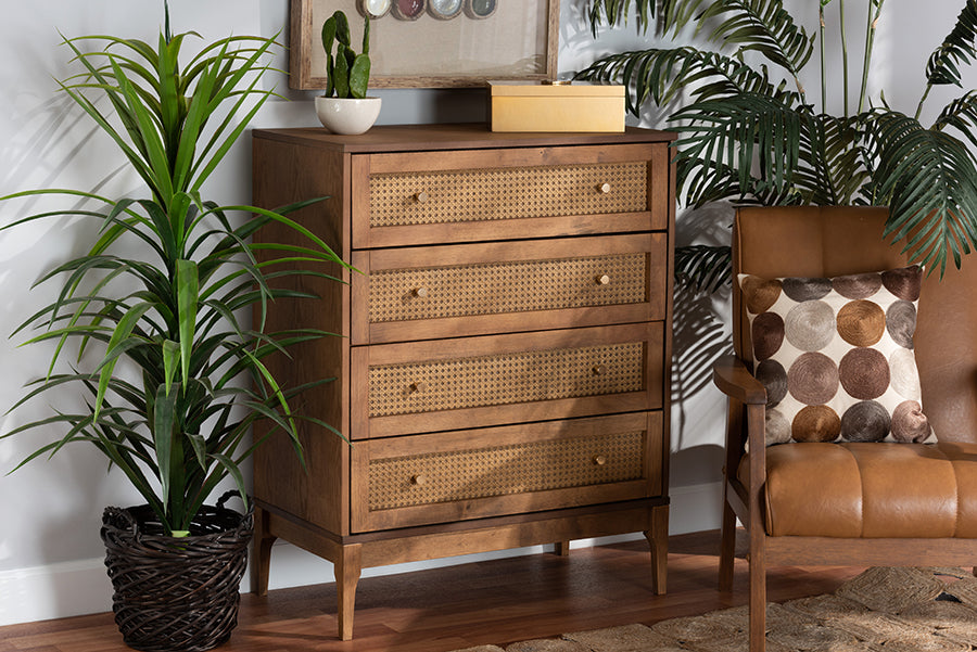 Baxton Studio Ramiel Mid-Century Modern Ash Walnut Finished Wood and Rattan 4-Drawer Chest