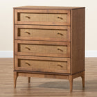 Baxton Studio Ramiel Mid-Century Modern Ash Walnut Finished Wood and Rattan 4-Drawer Chest