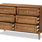 Baxton Studio Ramiel Mid-Century Modern Ash Walnut Finished Wood and Rattan 6-Drawer Dresser