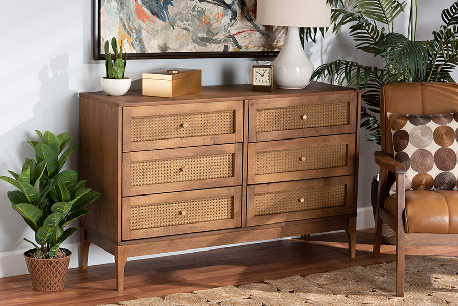 Baxton Studio Ramiel Mid-Century Modern Ash Walnut Finished Wood and Rattan 6-Drawer Dresser