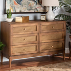 Baxton Studio Ramiel Mid-Century Modern Ash Walnut Finished Wood and Rattan 6-Drawer Dresser