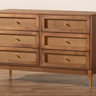 Baxton Studio Ramiel Mid-Century Modern Ash Walnut Finished Wood and Rattan 6-Drawer Dresser