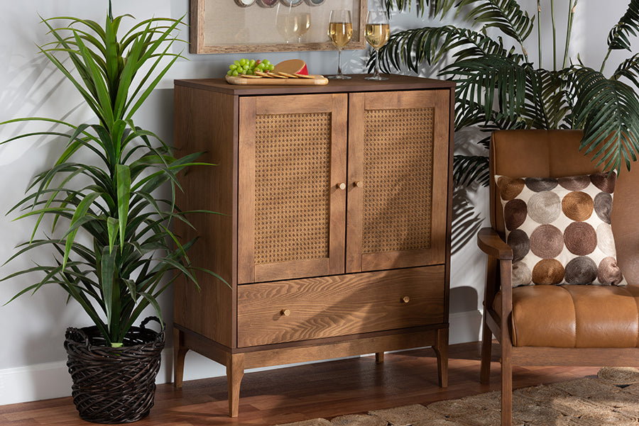 Baxton Studio Ramiel Mid-Century Modern Ash Walnut Finished Wood and Rattan 1-Drawer Sideboard