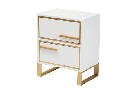 Baxton Studio Giolla Contemporary Glam and Luxe White Finished Wood and Gold Metal 2-Drawer End Table