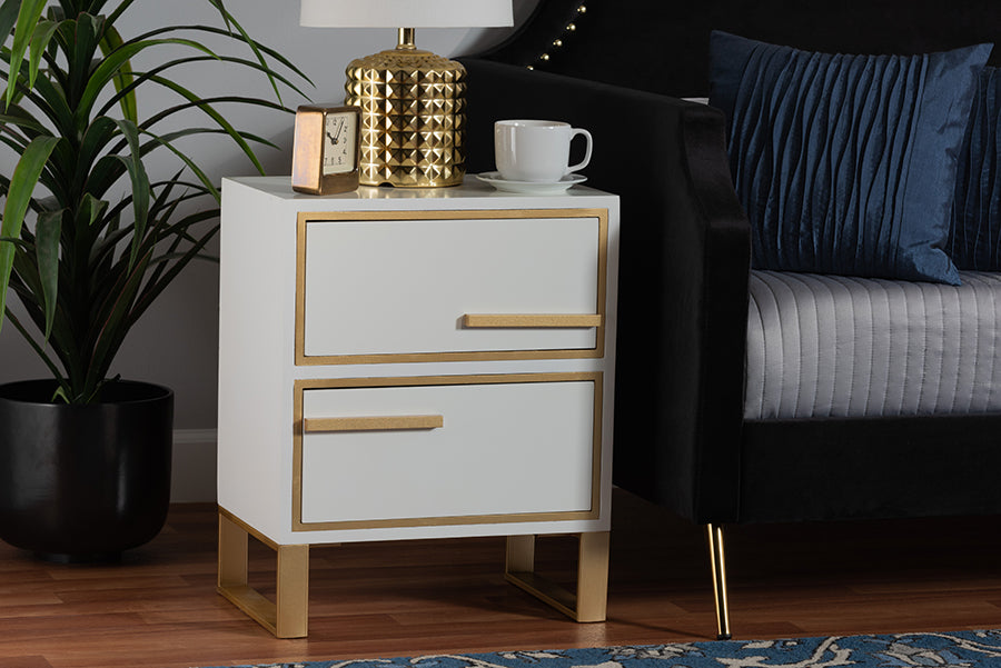 Baxton Studio Giolla Contemporary Glam and Luxe White Finished Wood and Gold Metal 2-Drawer End Table