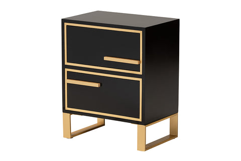 Baxton Studio Giolla Contemporary Glam and Luxe Black Finished Wood and Gold Metal 2-Drawer End Table