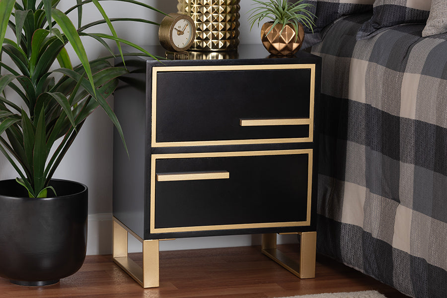 Baxton Studio Giolla Contemporary Glam and Luxe Black Finished Wood and Gold Metal 2-Drawer End Table