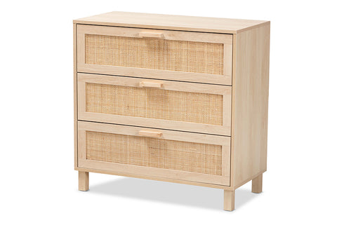 Baxton Studio Sebille Mid-Century Modern Light Brown Finished Wood 3-Drawer Storage Cabinet with Natural Rattan