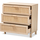 Baxton Studio Sebille Mid-Century Modern Light Brown Finished Wood 3-Drawer Storage Cabinet with Natural Rattan