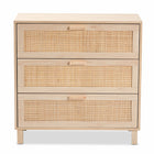 Baxton Studio Sebille Mid-Century Modern Light Brown Finished Wood 3-Drawer Storage Cabinet with Natural Rattan