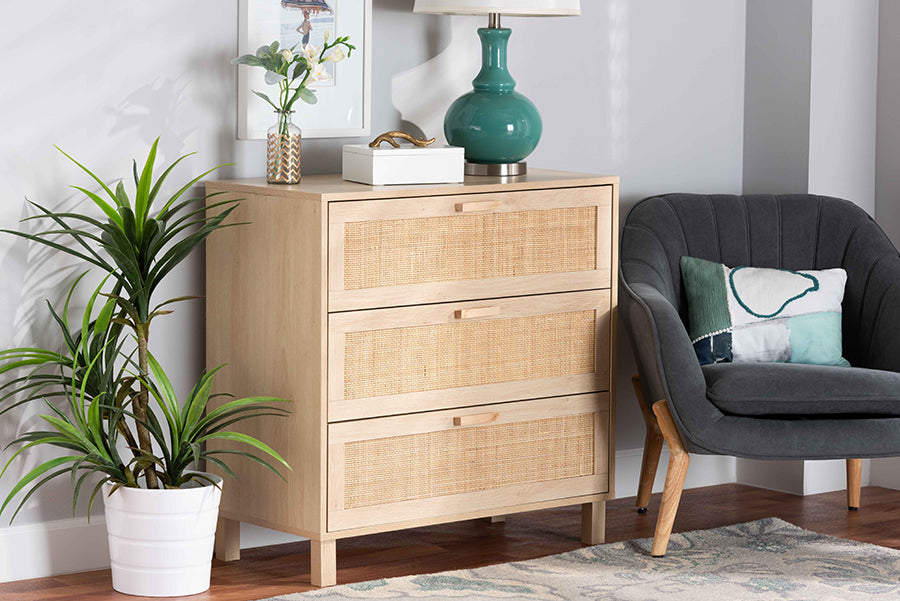 Baxton Studio Sebille Mid-Century Modern Light Brown Finished Wood 3-Drawer Storage Cabinet with Natural Rattan