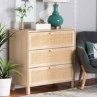 Baxton Studio Sebille Mid-Century Modern Light Brown Finished Wood 3-Drawer Storage Cabinet with Natural Rattan
