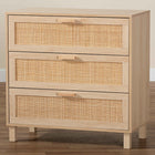 Baxton Studio Sebille Mid-Century Modern Light Brown Finished Wood 3-Drawer Storage Cabinet with Natural Rattan
