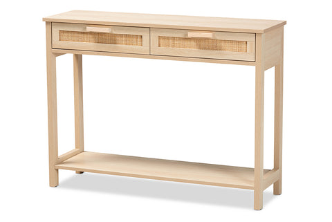 Baxton Studio Sebille Mid-Century Modern Light Brown Finished Wood 2-Drawer Console Table with Natural Rattan