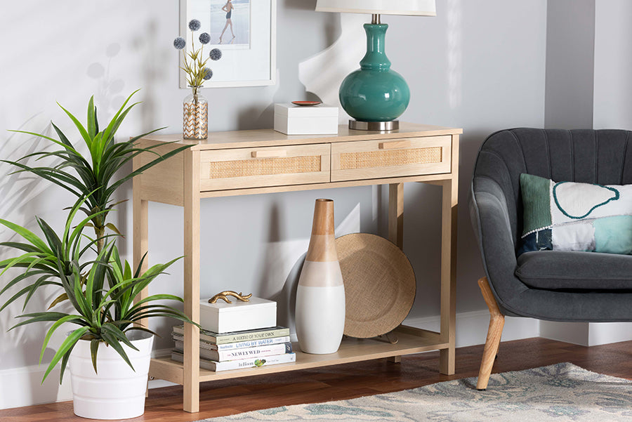 Baxton Studio Sebille Mid-Century Modern Light Brown Finished Wood 2-Drawer Console Table with Natural Rattan
